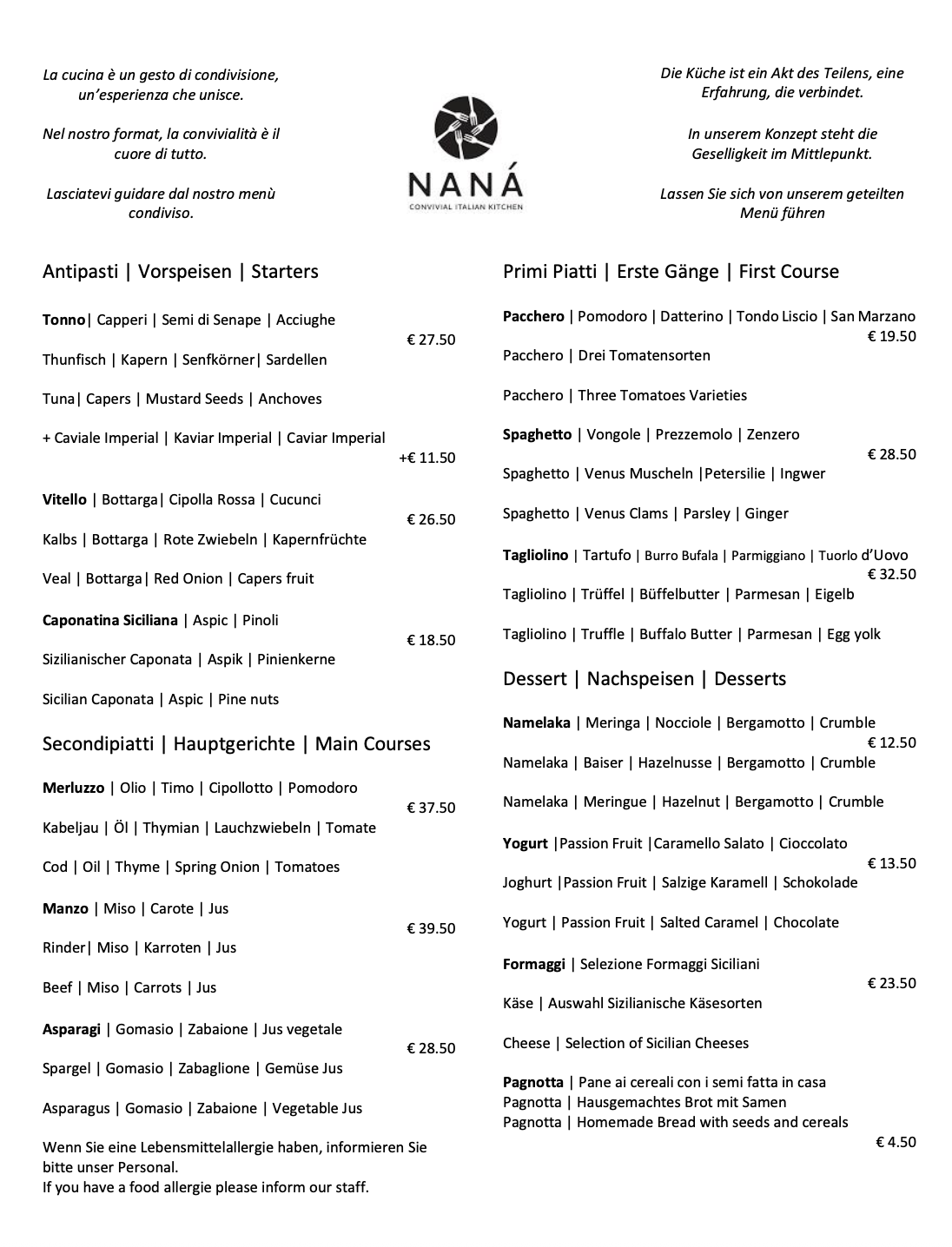 Menu alla Carta